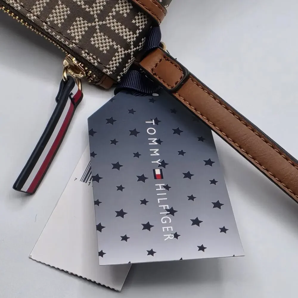 Tommy Hilfiger Signature Slim Wristlet Logo Print Jacquard Brown and Khaki